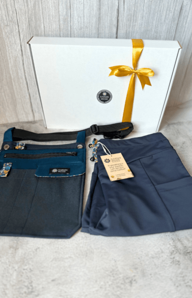 Gift set â€œComfort in the gardenâ€�: leggings, tool pocket, belt.
